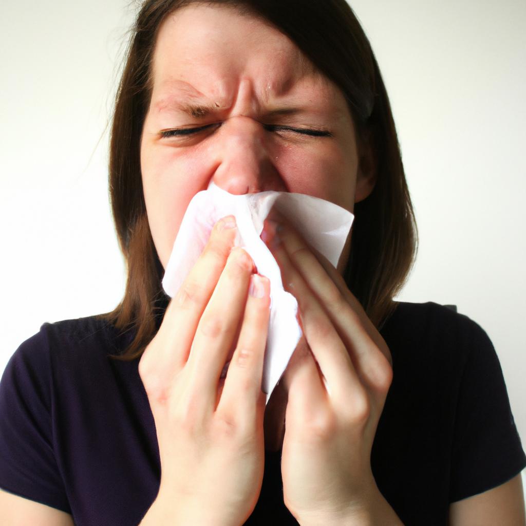 Woman holding tissue, sneezing