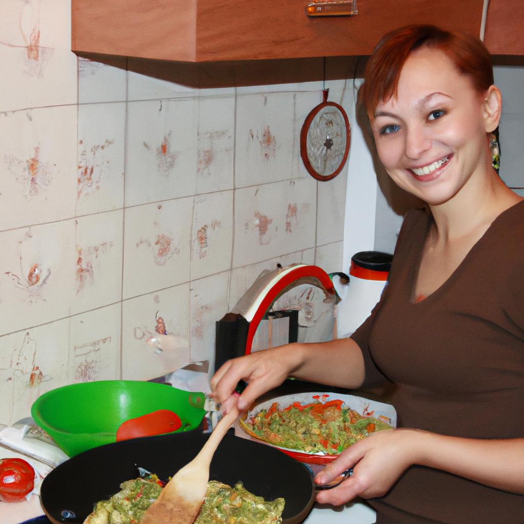 Woman cooking healthy meal, smiling