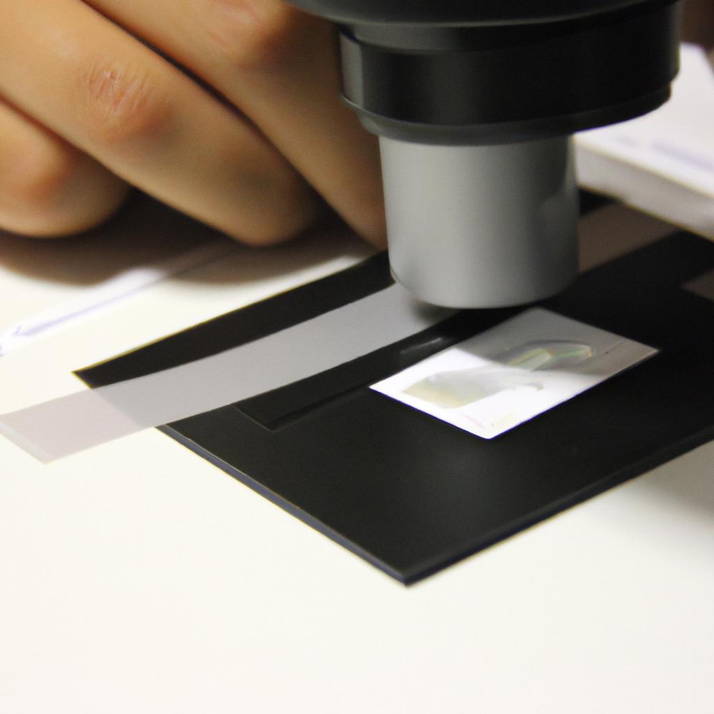 Person examining microscope slide sample